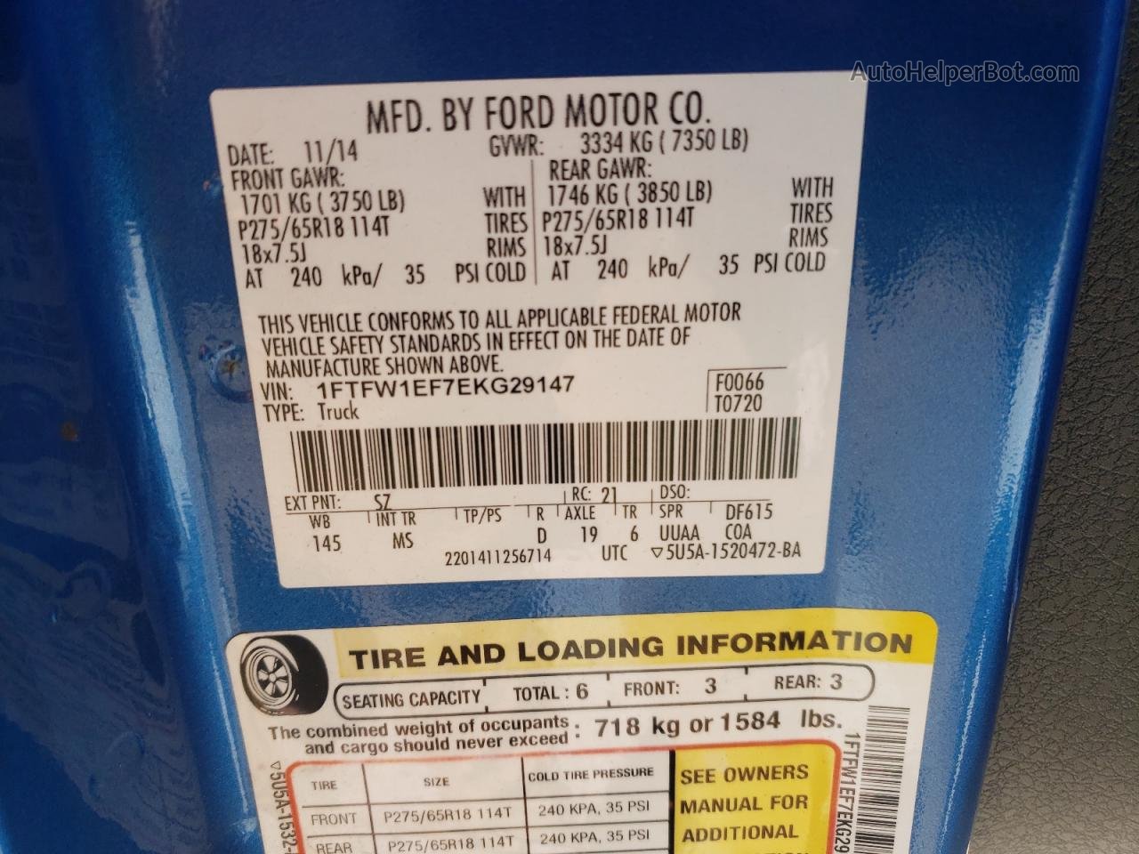 2014 Ford F150 Supercrew Blue vin: 1FTFW1EF7EKG29147