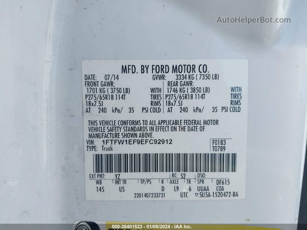 2014 Ford F-150 Xlt White vin: 1FTFW1EF9EFC92912