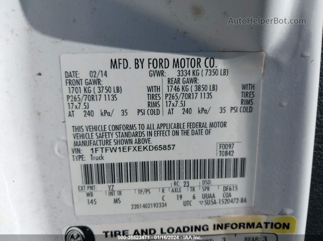 2014 Ford F-150 Xlt White vin: 1FTFW1EFXEKD65857