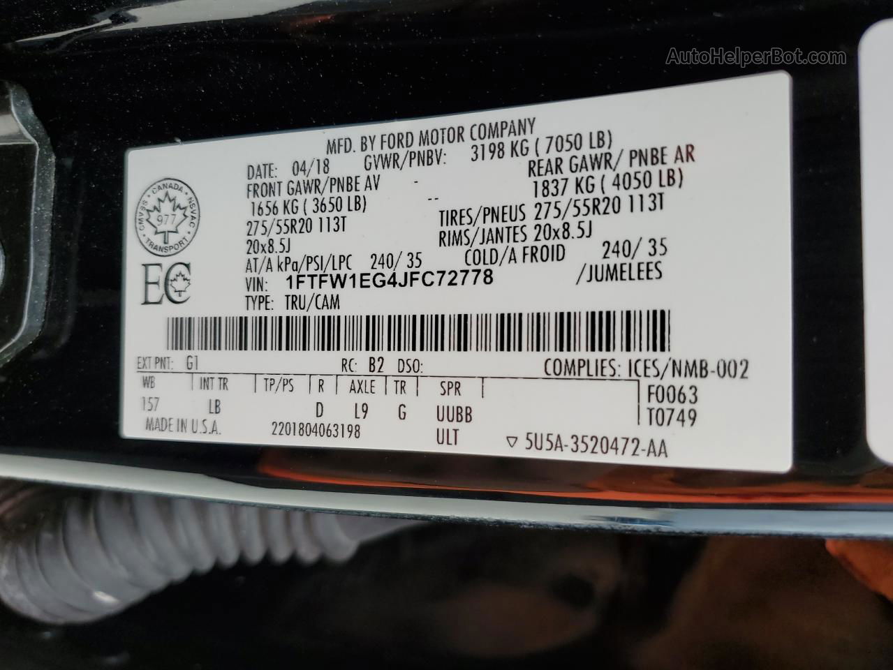 2018 Ford F150 Supercrew Черный vin: 1FTFW1EG4JFC72778