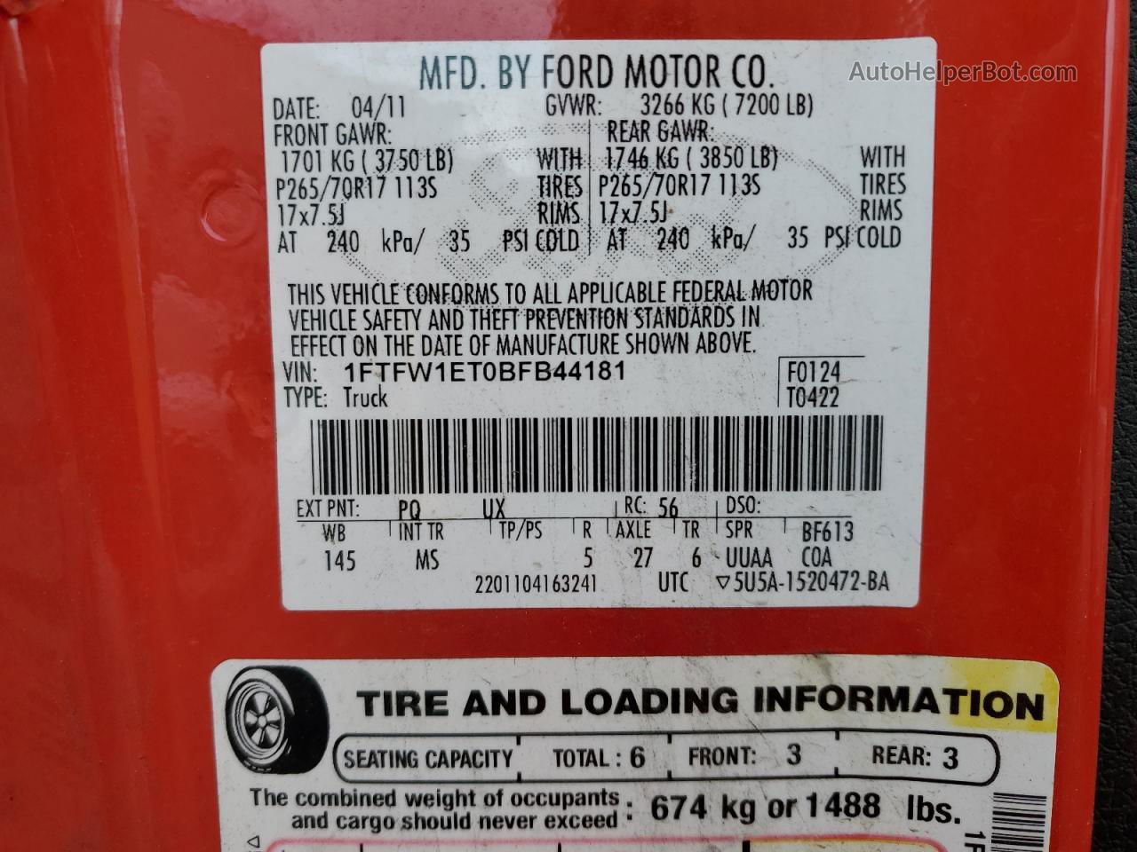 2011 Ford F150 Supercrew Red vin: 1FTFW1ET0BFB44181