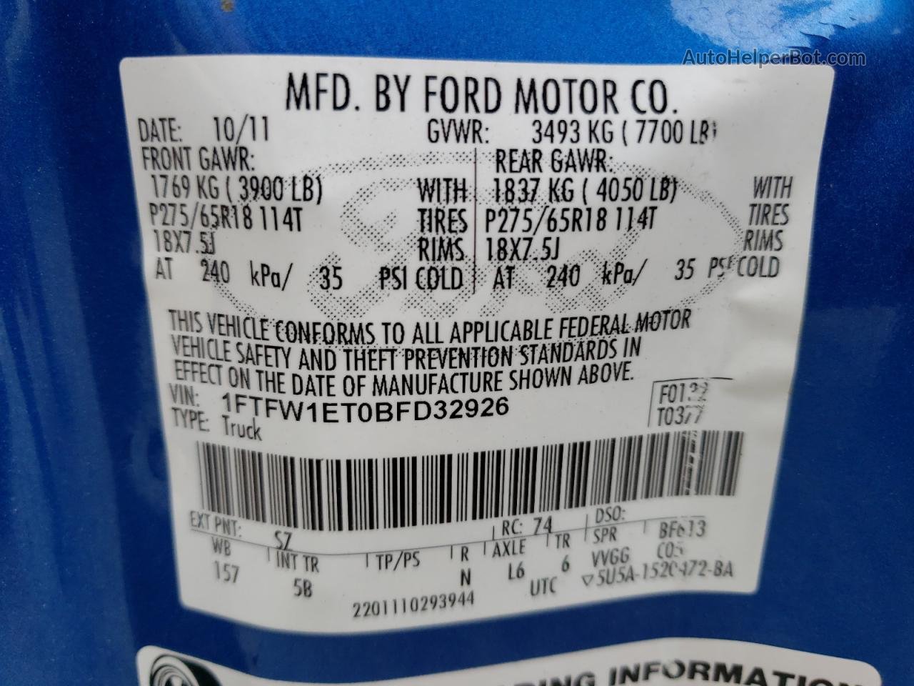 2011 Ford F150 Supercrew Синий vin: 1FTFW1ET0BFD32926