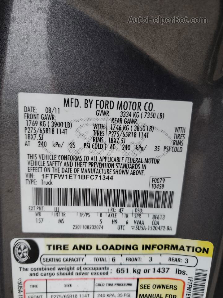 2011 Ford F150 Supercrew Gray vin: 1FTFW1ET1BFC71344