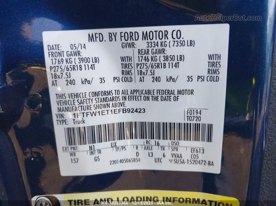 2014 Ford F-150 Xlt Blue vin: 1FTFW1ET1EFB92423