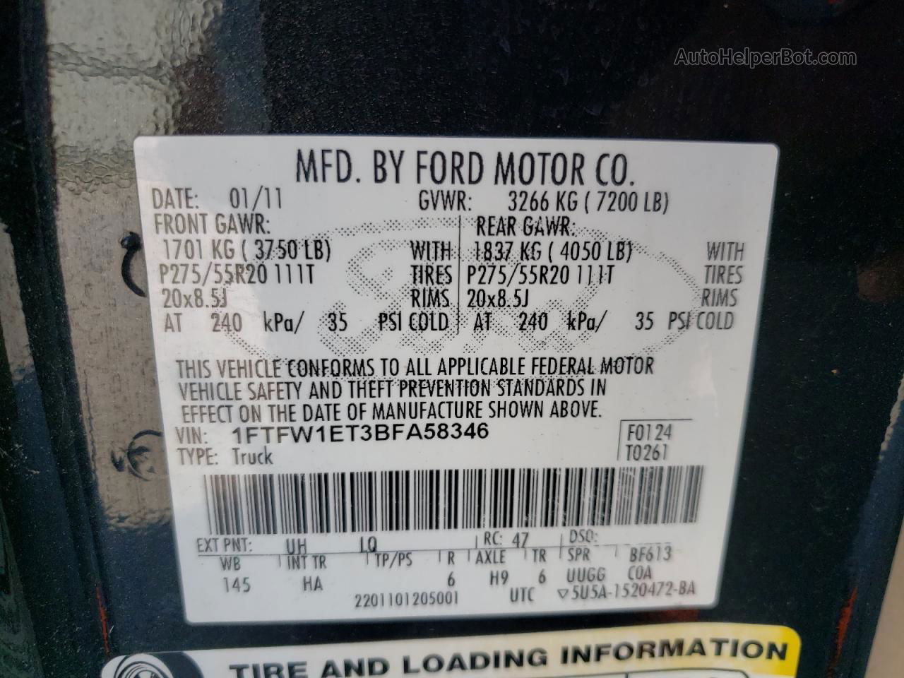 2011 Ford F150 Supercrew Black vin: 1FTFW1ET3BFA58346