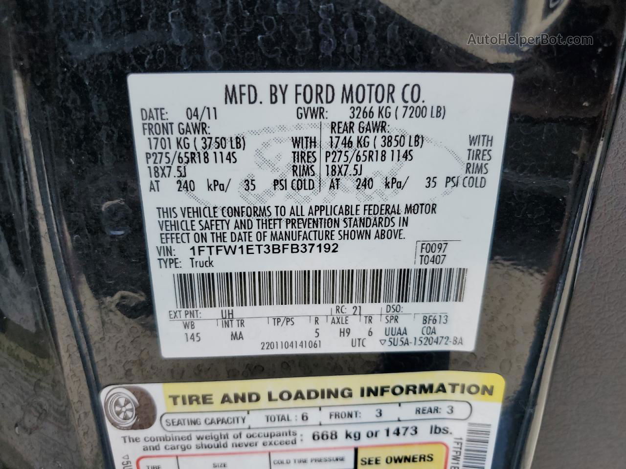 2011 Ford F150 Supercrew Black vin: 1FTFW1ET3BFB37192