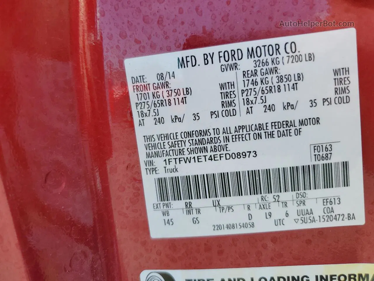 2014 Ford F150 Supercrew Red vin: 1FTFW1ET4EFD08973