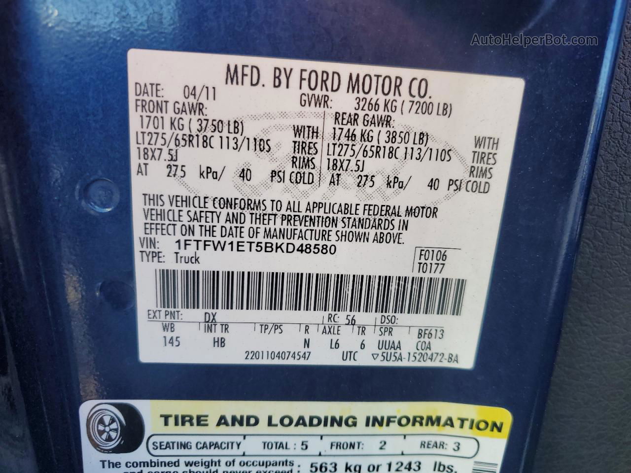 2011 Ford F150 Supercrew Blue vin: 1FTFW1ET5BKD48580