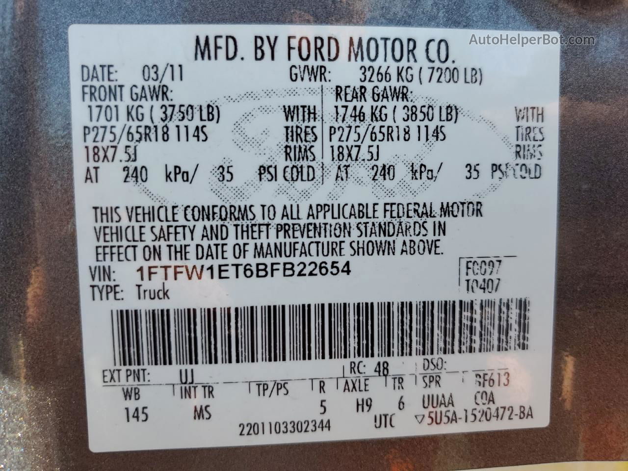 2011 Ford F150 Supercrew Gray vin: 1FTFW1ET6BFB22654