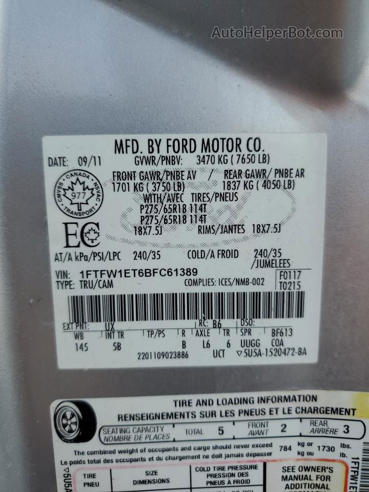 2011 Ford F150 Supercrew Silver vin: 1FTFW1ET6BFC61389