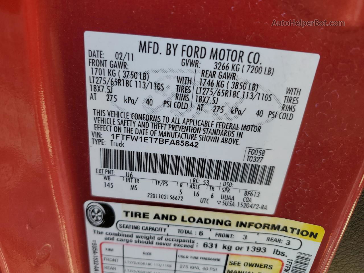 2011 Ford F150 Supercrew Red vin: 1FTFW1ET7BFA85842