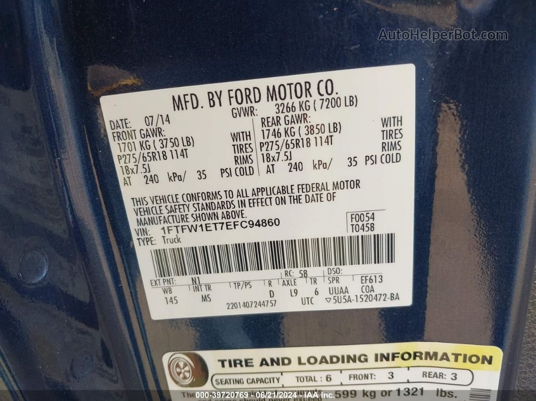 2014 Ford F-150 Xlt Blue vin: 1FTFW1ET7EFC94860