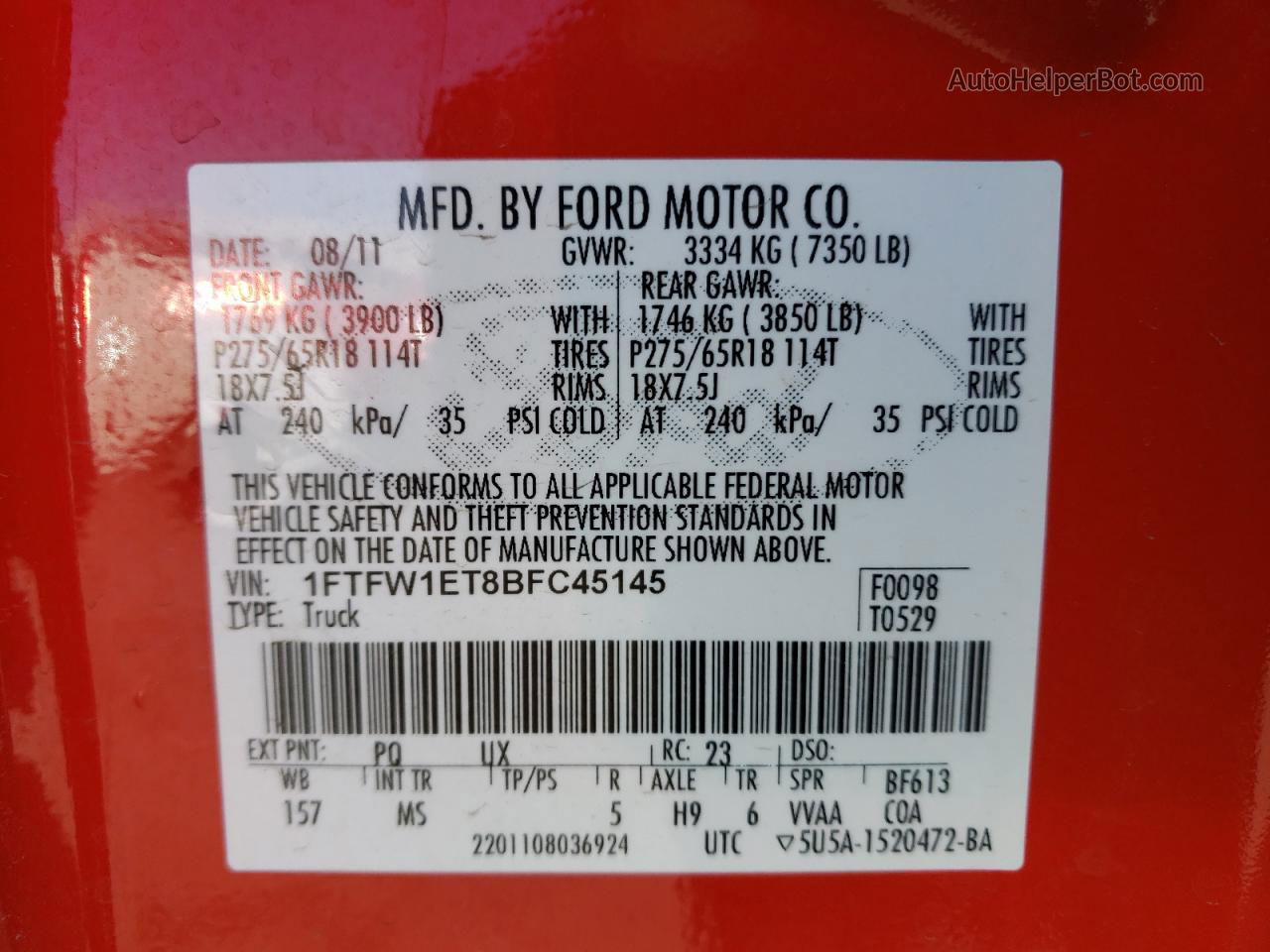 2011 Ford F150 Supercrew Red vin: 1FTFW1ET8BFC45145