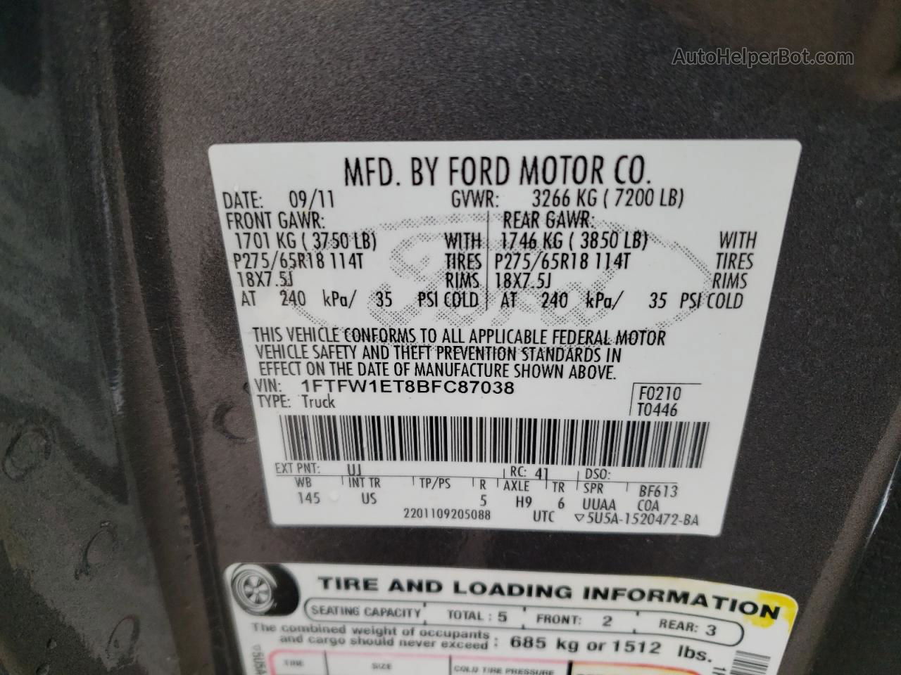 2011 Ford F150 Supercrew Gray vin: 1FTFW1ET8BFC87038