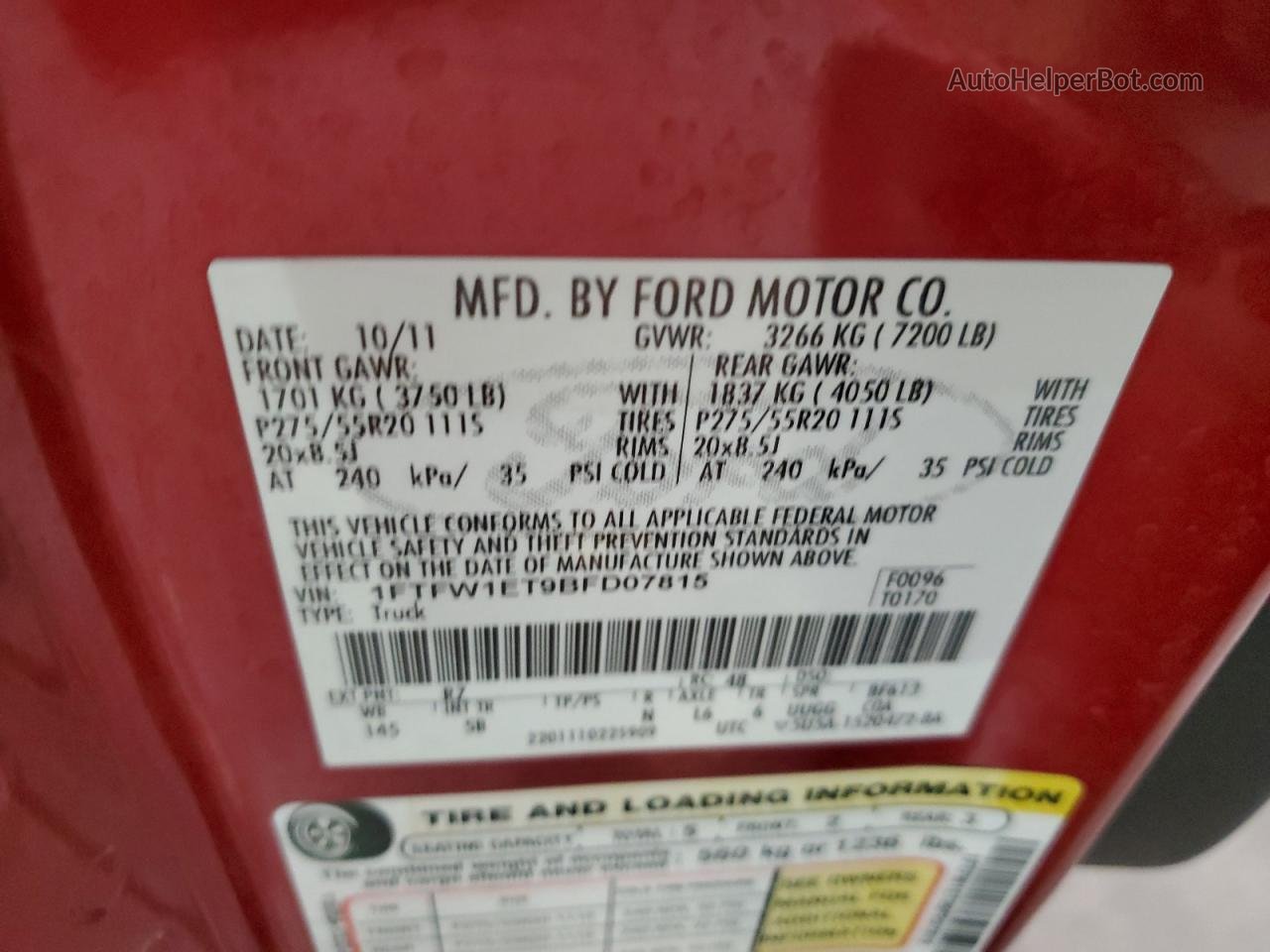 2011 Ford F150 Supercrew Red vin: 1FTFW1ET9BFD07815