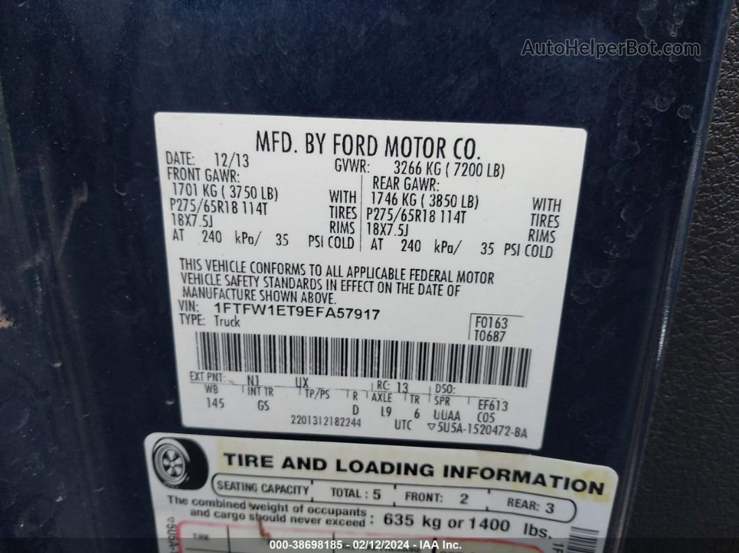 2014 Ford F-150 Xlt Dark Blue vin: 1FTFW1ET9EFA57917