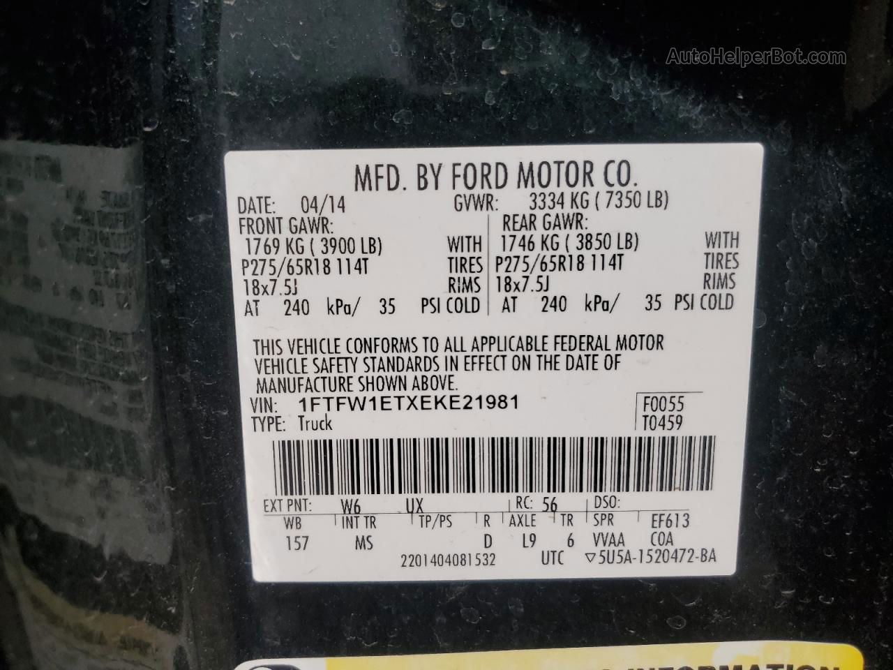 2014 Ford F150 Supercrew Green vin: 1FTFW1ETXEKE21981