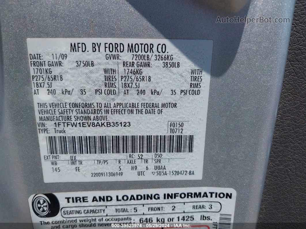 2010 Ford F-150 Fx4/harley-davidson/king Ranch/lariat/platinum/xl/xlt Silver vin: 1FTFW1EV8AKB35123