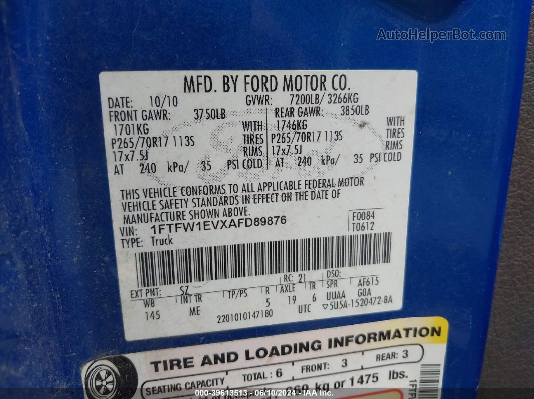 2010 Ford F-150 Fx4/harley-davidson/king Ranch/lariat/platinum/xl/xlt Blue vin: 1FTFW1EVXAFD89876