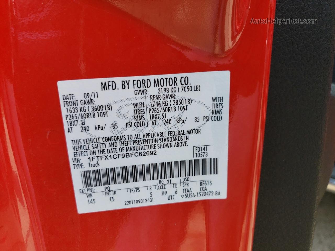 2011 Ford F150 Super Cab Красный vin: 1FTFX1CF9BFC62692