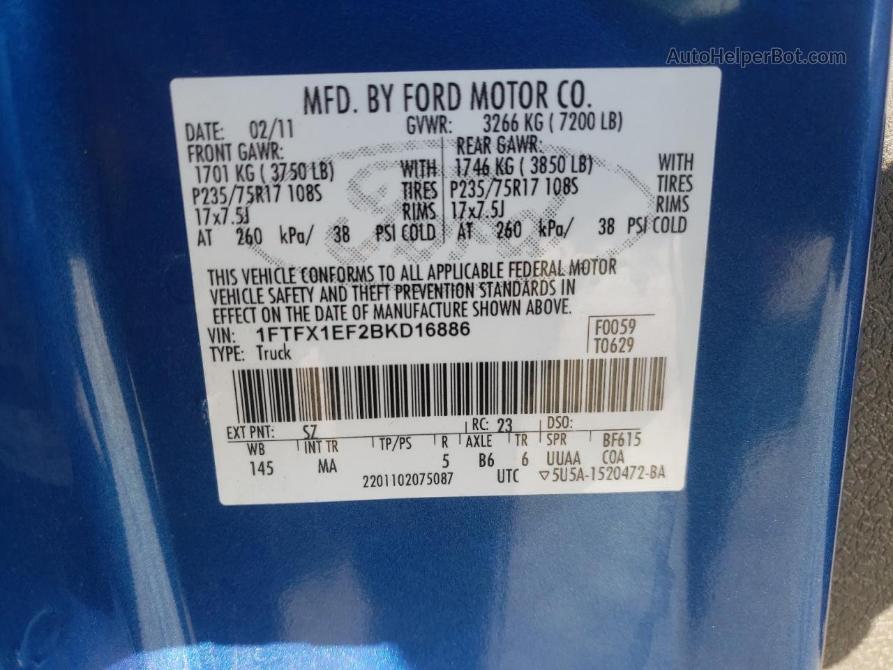 2011 Ford F150 Super Cab Blue vin: 1FTFX1EF2BKD16886