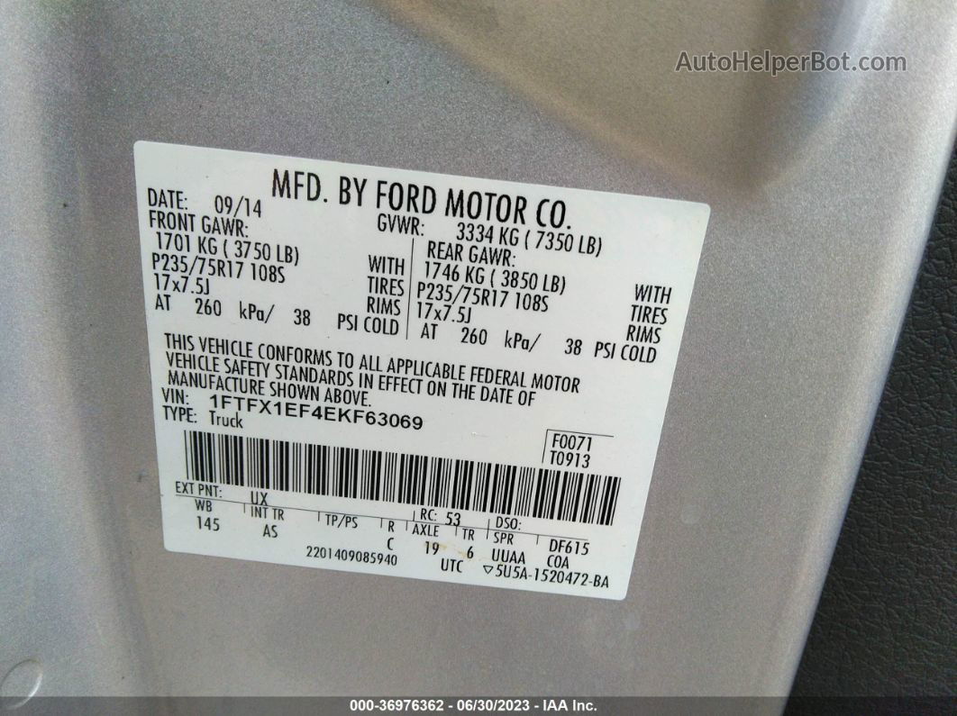 2014 Ford F-150 Xl/xlt/stx/lariat/fx4 Silver vin: 1FTFX1EF4EKF63069