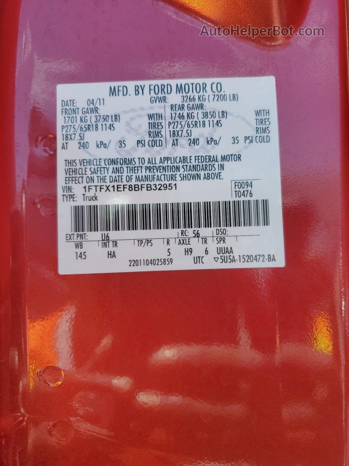 2011 Ford F150 Super Cab Красный vin: 1FTFX1EF8BFB32951