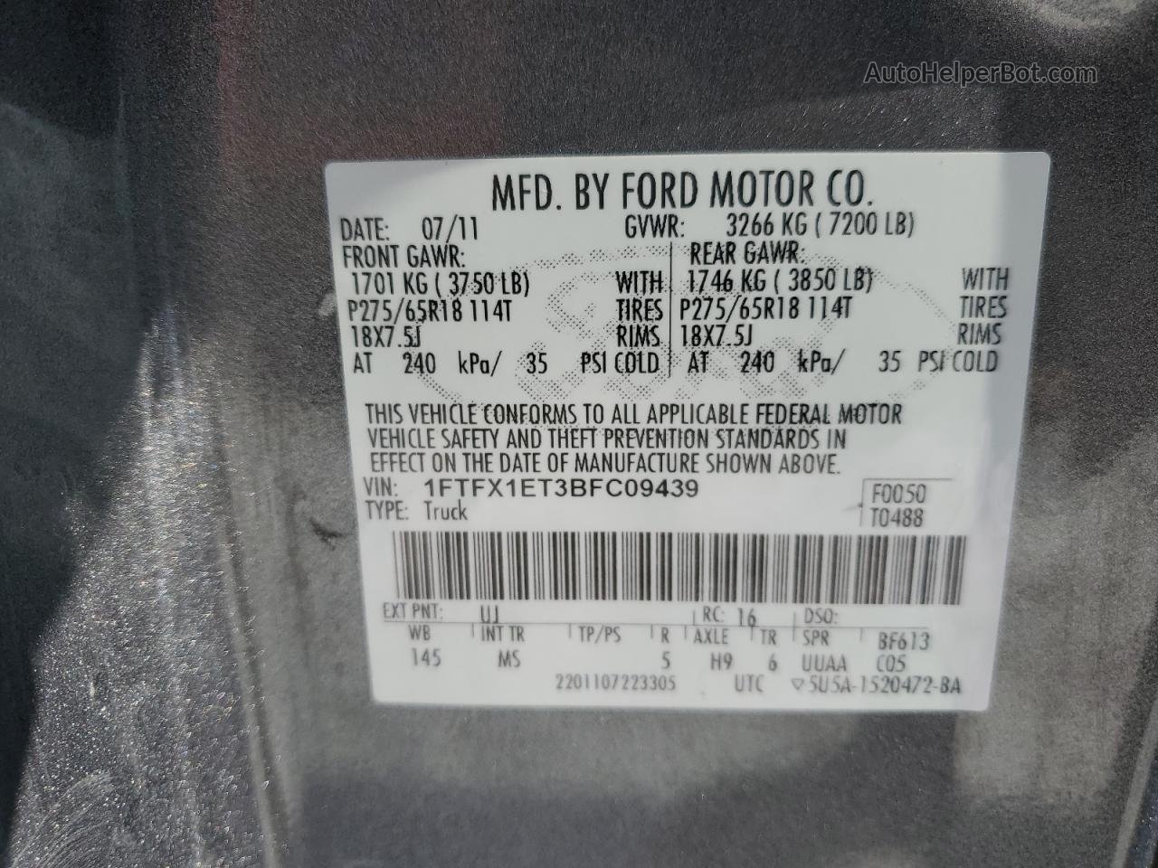 2011 Ford F150 Super Cab Серый vin: 1FTFX1ET3BFC09439