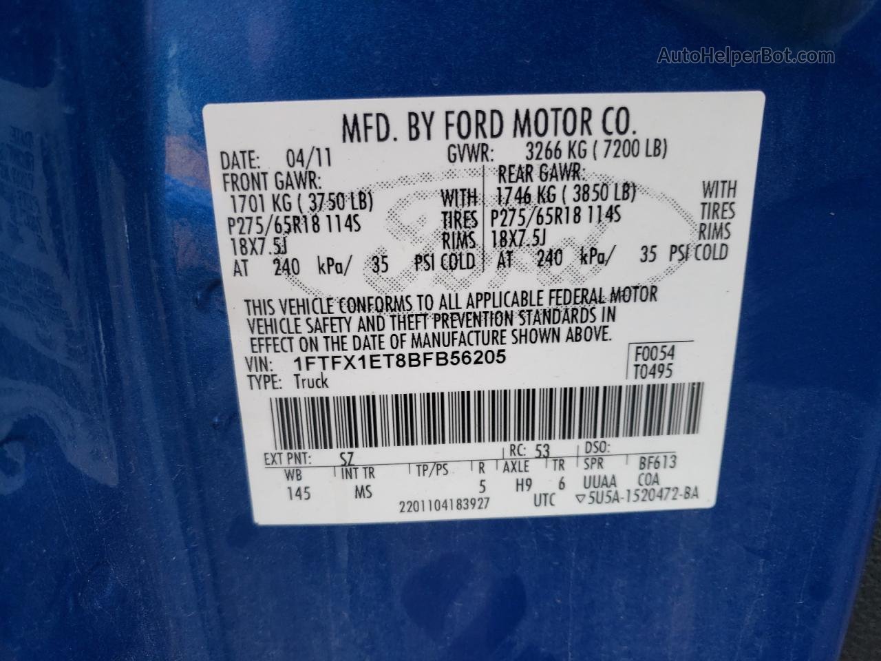 2011 Ford F150 Super Cab Blue vin: 1FTFX1ET8BFB56205