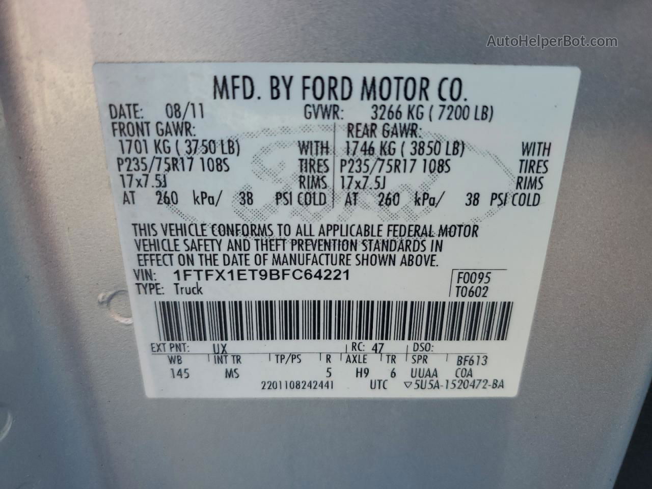 2011 Ford F150 Super Cab Silver vin: 1FTFX1ET9BFC64221