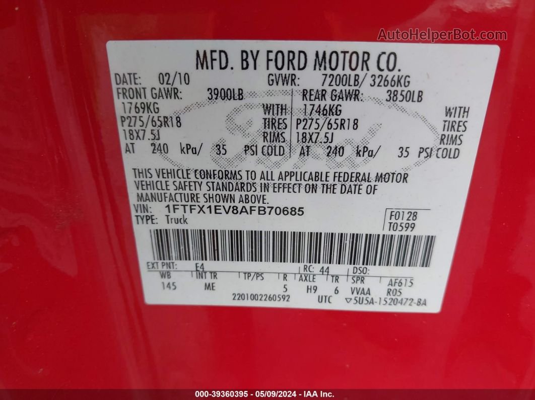 2010 Ford F-150 Fx4/lariat/xl/xlt Red vin: 1FTFX1EV8AFB70685