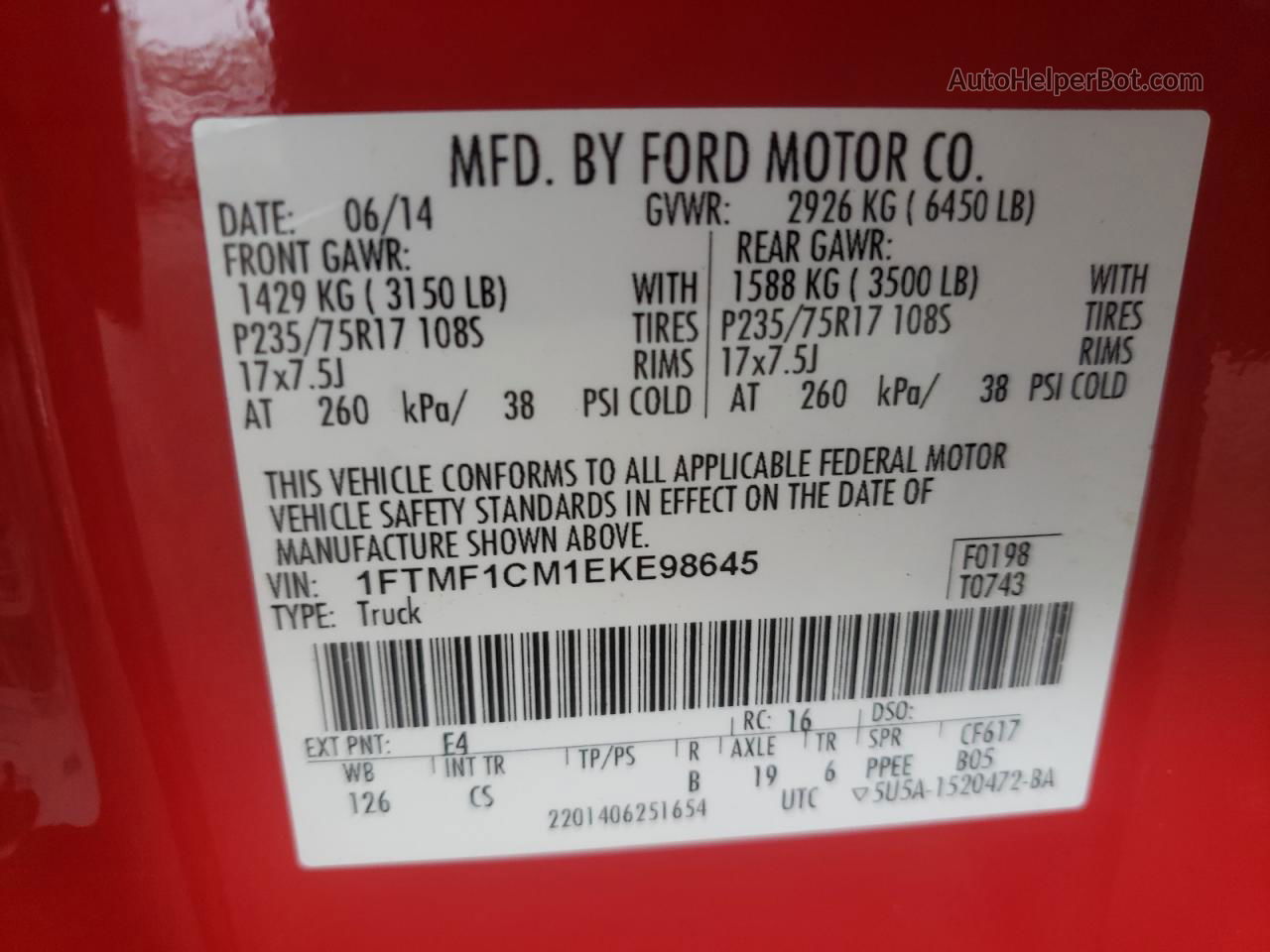 2014 Ford F150  Red vin: 1FTMF1CM1EKE98645