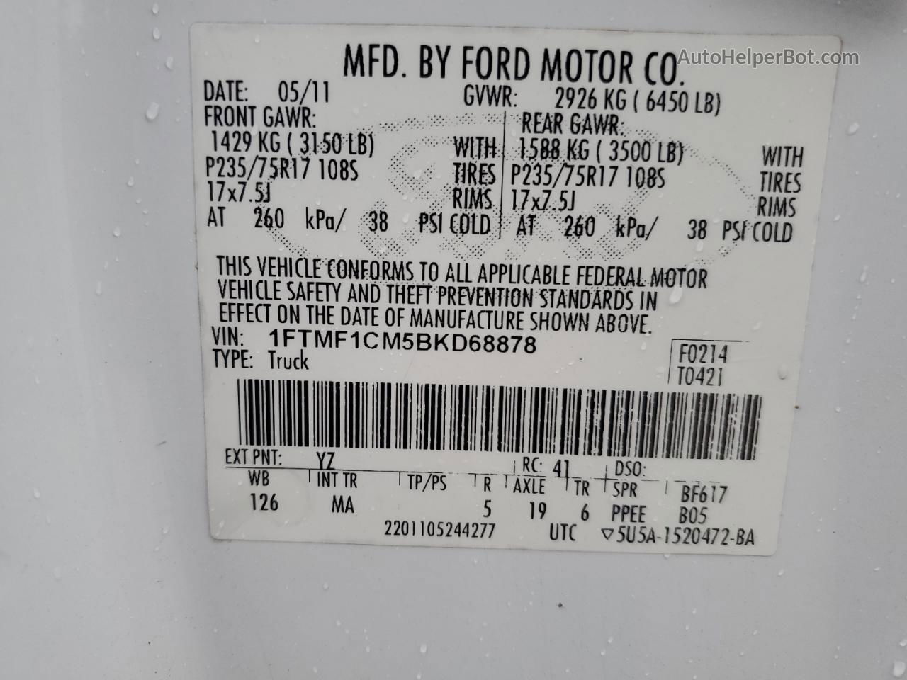 2011 Ford F150  White vin: 1FTMF1CM5BKD68878