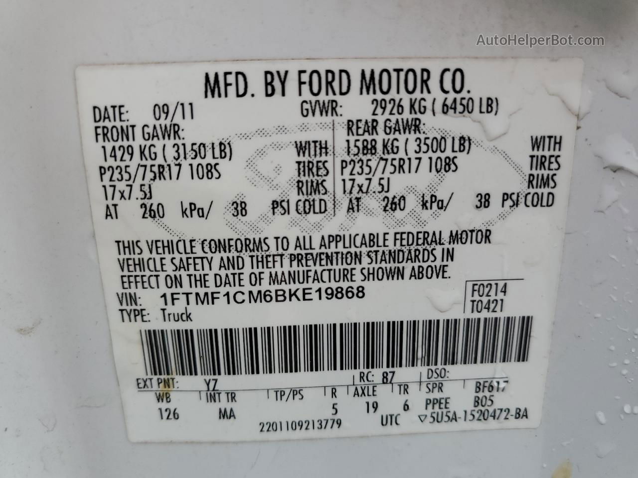 2011 Ford F150  White vin: 1FTMF1CM6BKE19868