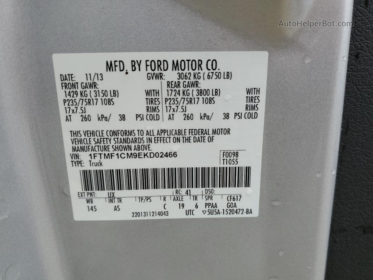 2014 Ford F150  Silver vin: 1FTMF1CM9EKD02466