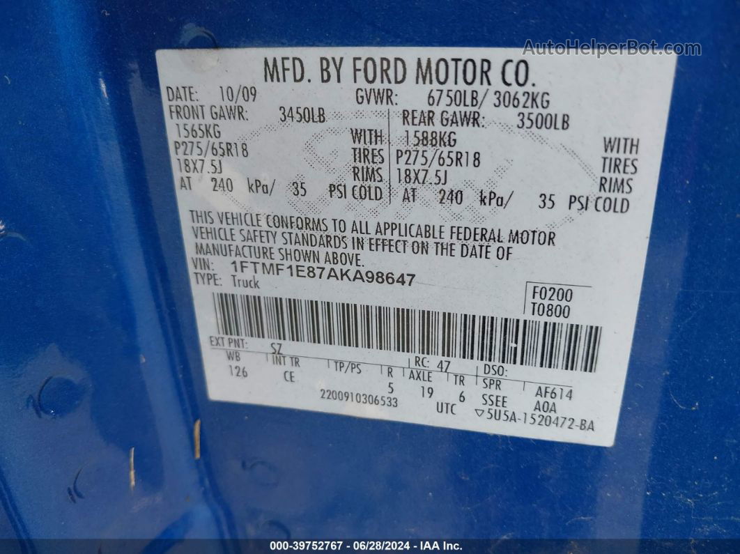 2010 Ford F-150 Stx/xl/xlt Blue vin: 1FTMF1E87AKA98647