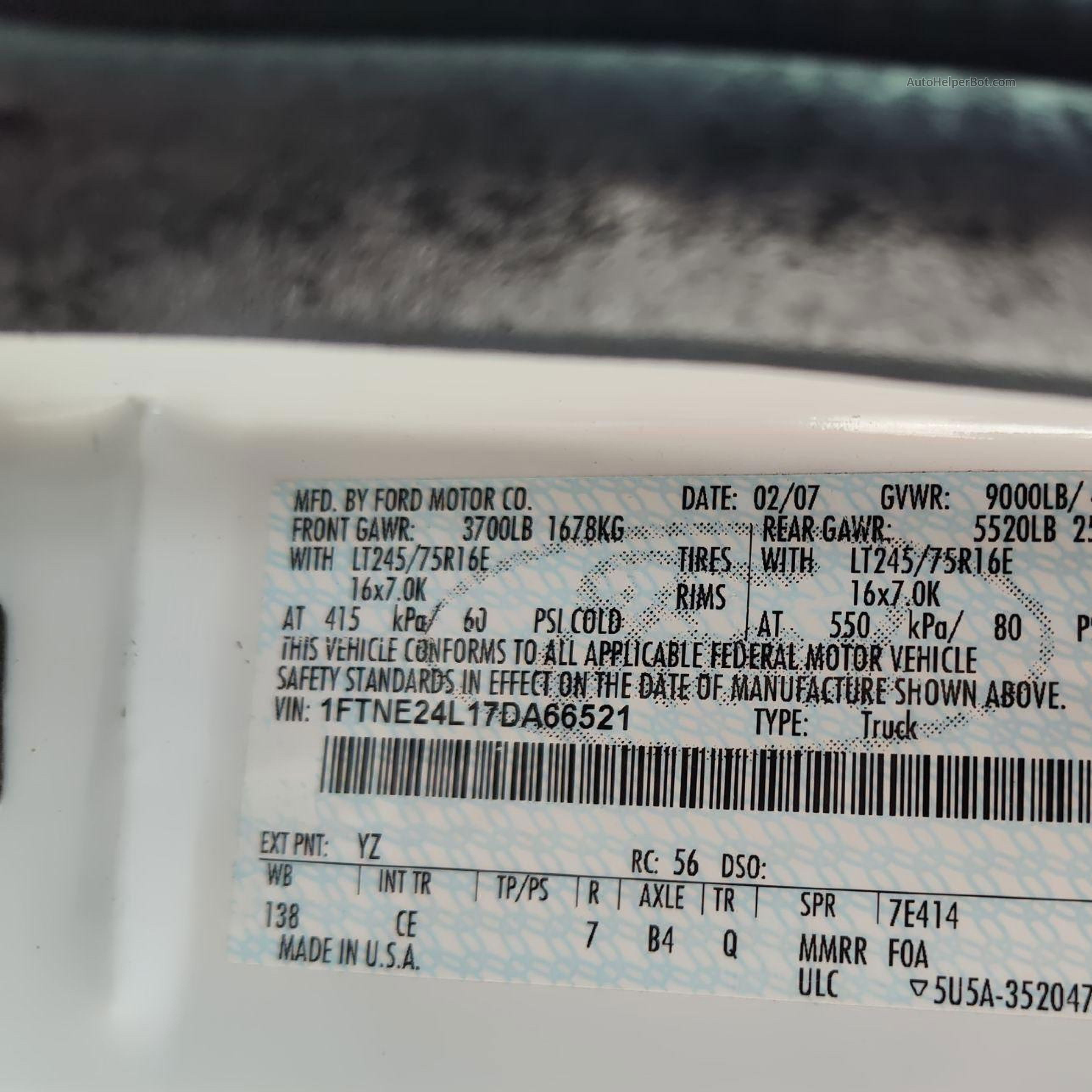 2007 Ford Econoline E250 Van vin: 1FTNE24L17DA66521