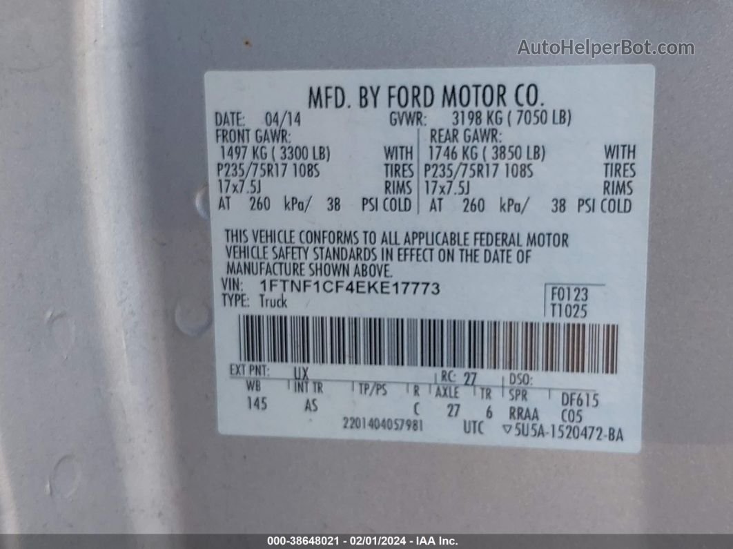 2014 Ford F-150 Xl Silver vin: 1FTNF1CF4EKE17773