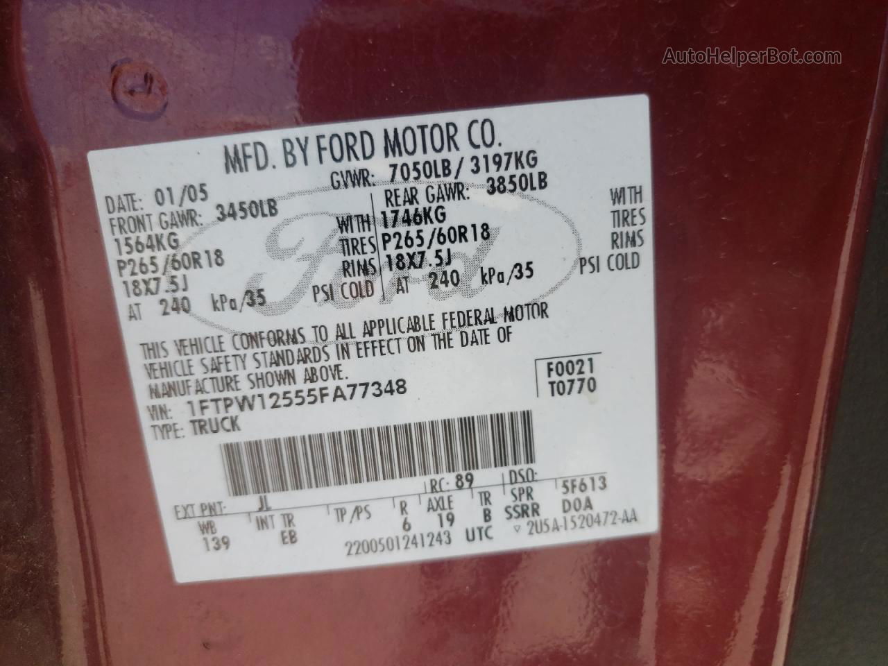 2005 Ford F150 Supercrew Maroon vin: 1FTPW12555FA77348