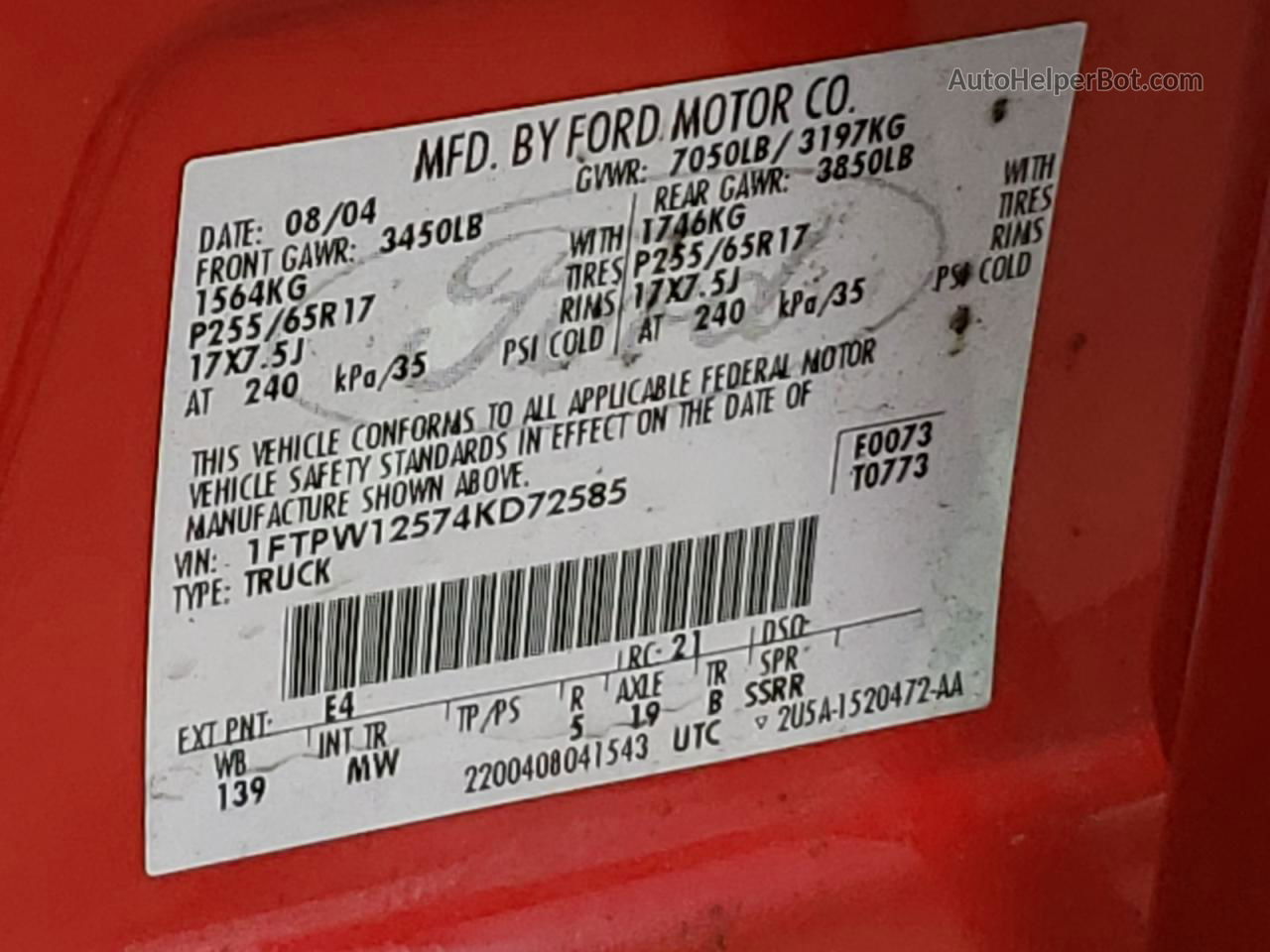 2004 Ford F150 Supercrew Красный vin: 1FTPW12574KD72585