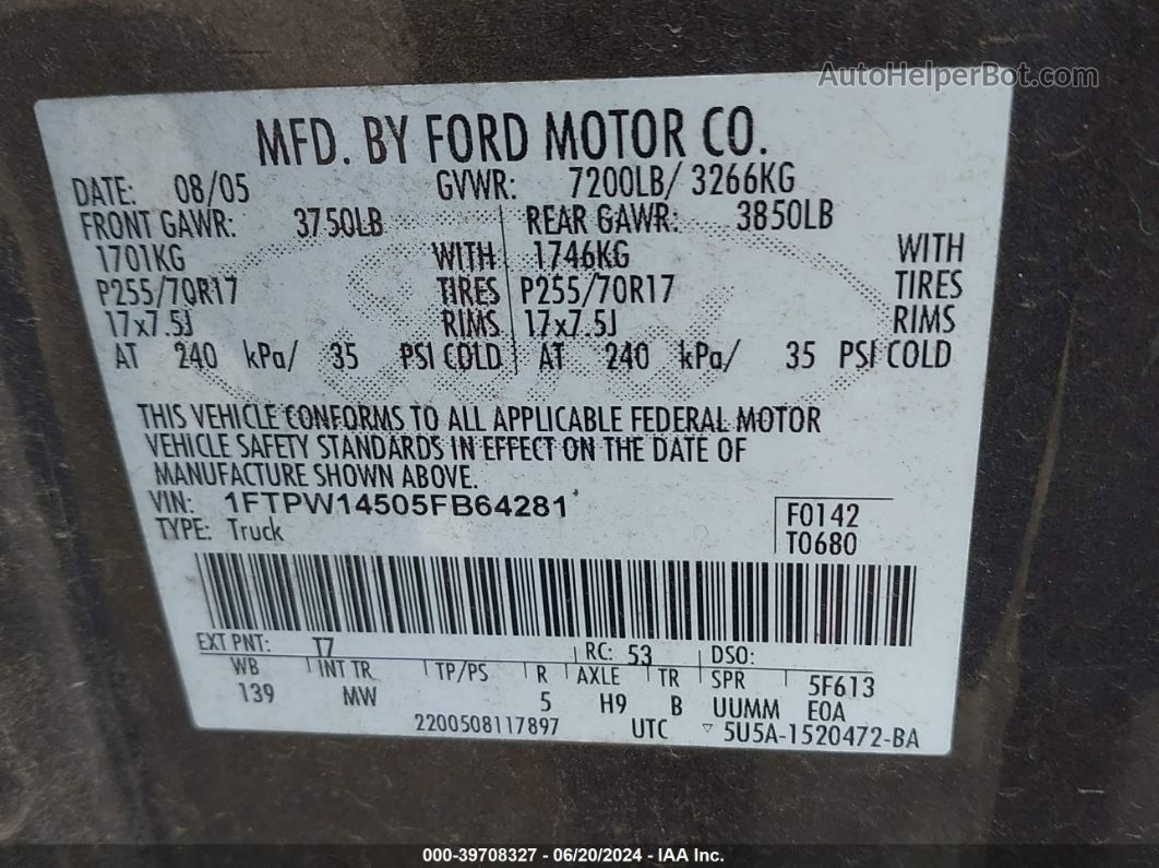 2005 Ford F-150 Fx4/lariat/xlt Серый vin: 1FTPW14505FB64281