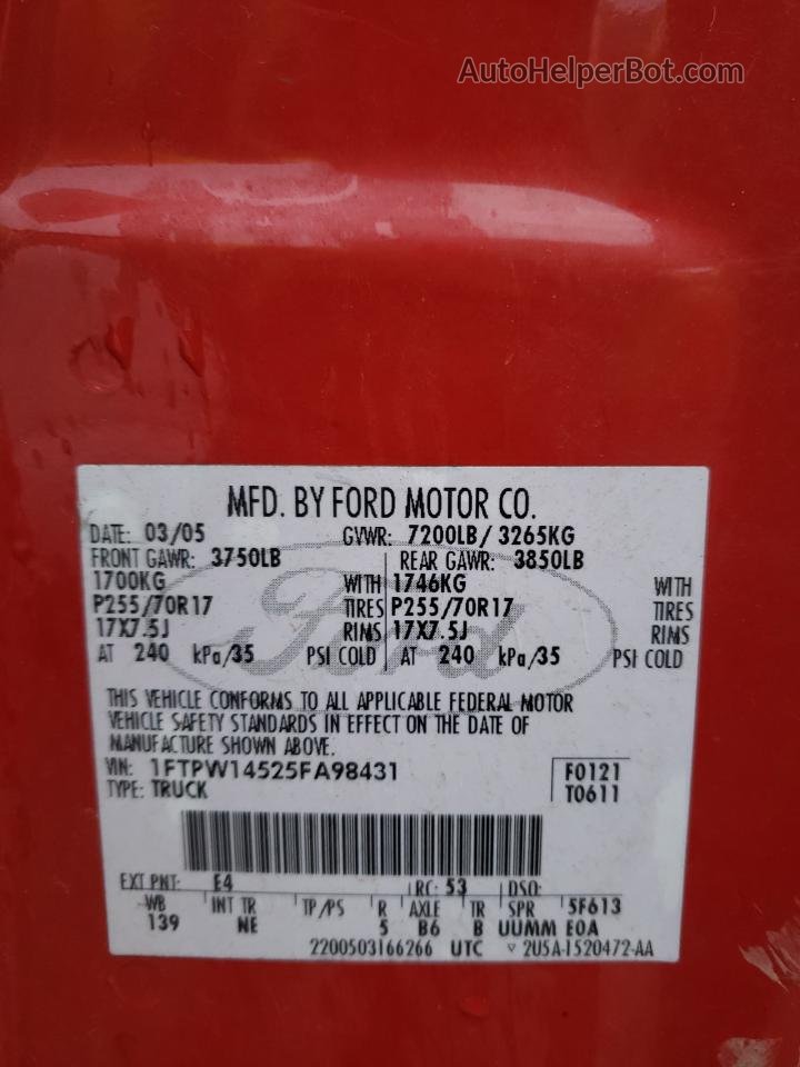 2005 Ford F150 Supercrew Красный vin: 1FTPW14525FA98431