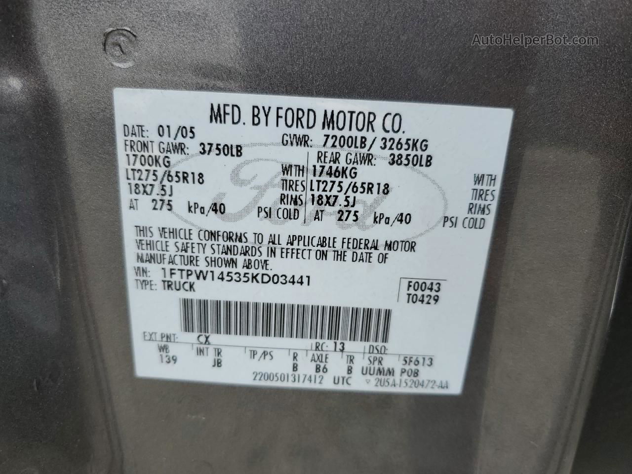2005 Ford F150 Supercrew Charcoal vin: 1FTPW14535KD03441
