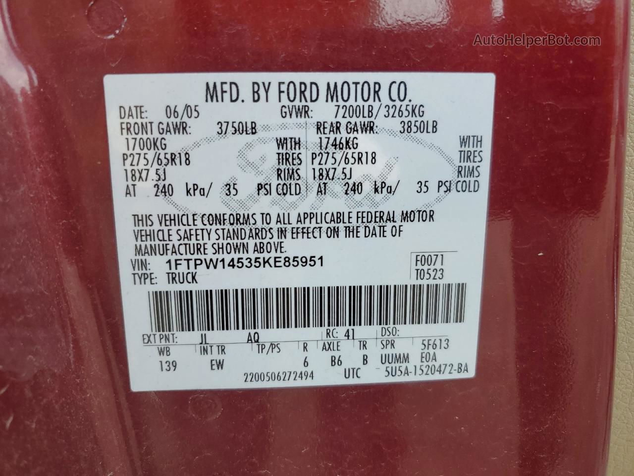 2005 Ford F150 Supercrew Бордовый vin: 1FTPW14535KE85951