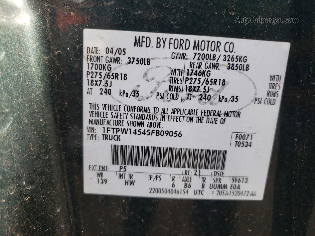 2005 Ford F150 Supercrew Green vin: 1FTPW14545FB09056