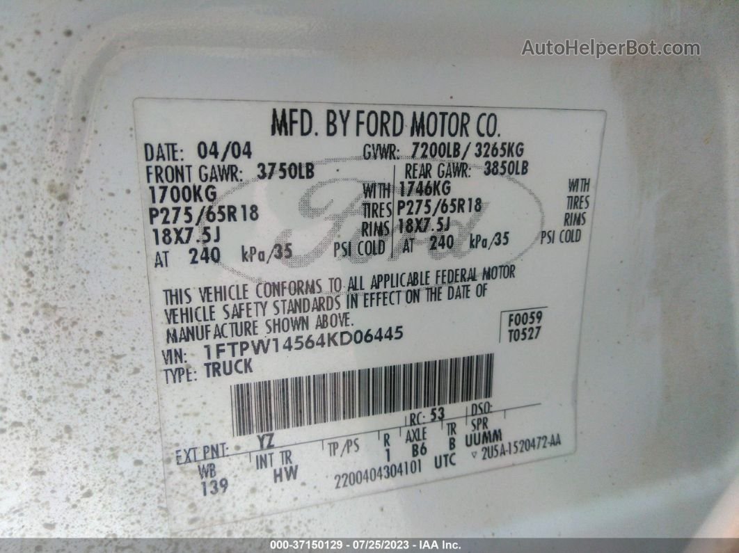 2004 Ford F-150 Xlt/lariat/fx4 White vin: 1FTPW14564KD06445