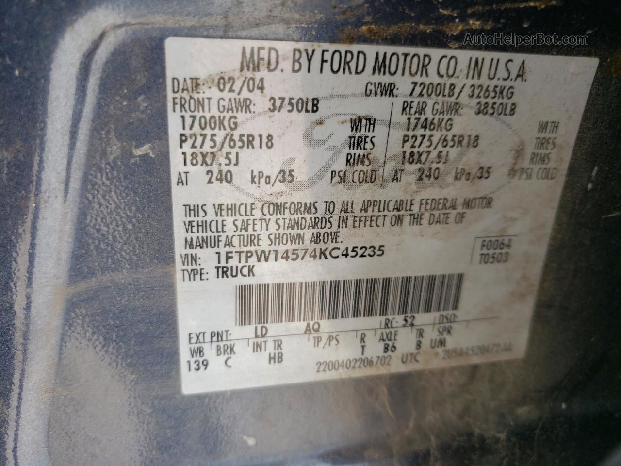 2004 Ford F150 Supercrew Blue vin: 1FTPW14574KC45235