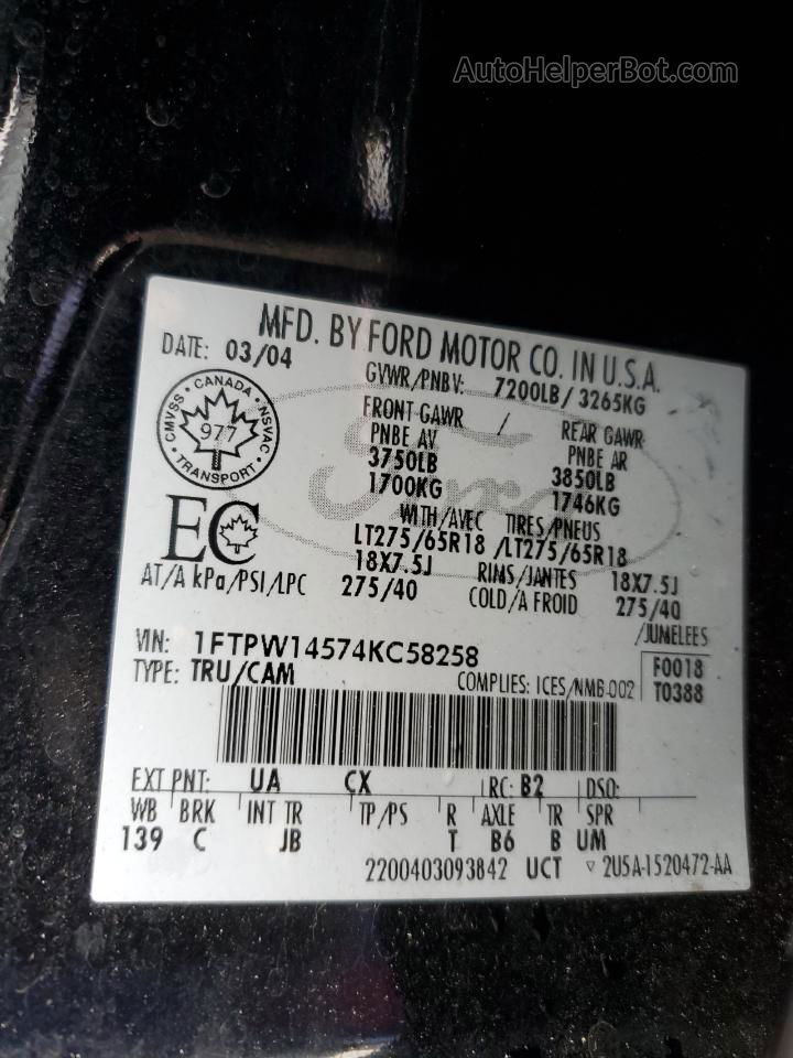 2004 Ford F150 Supercrew Black vin: 1FTPW14574KC58258