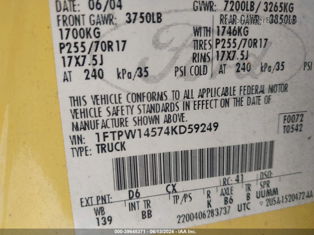 2004 Ford F-150 Fx4/lariat/xlt Желтый vin: 1FTPW14574KD59249