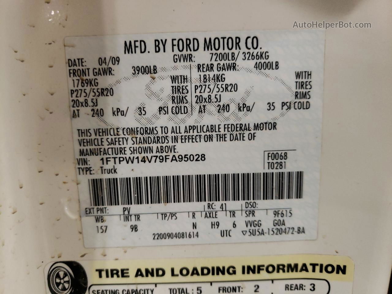 2009 Ford F150 Supercrew White vin: 1FTPW14V79FA95028